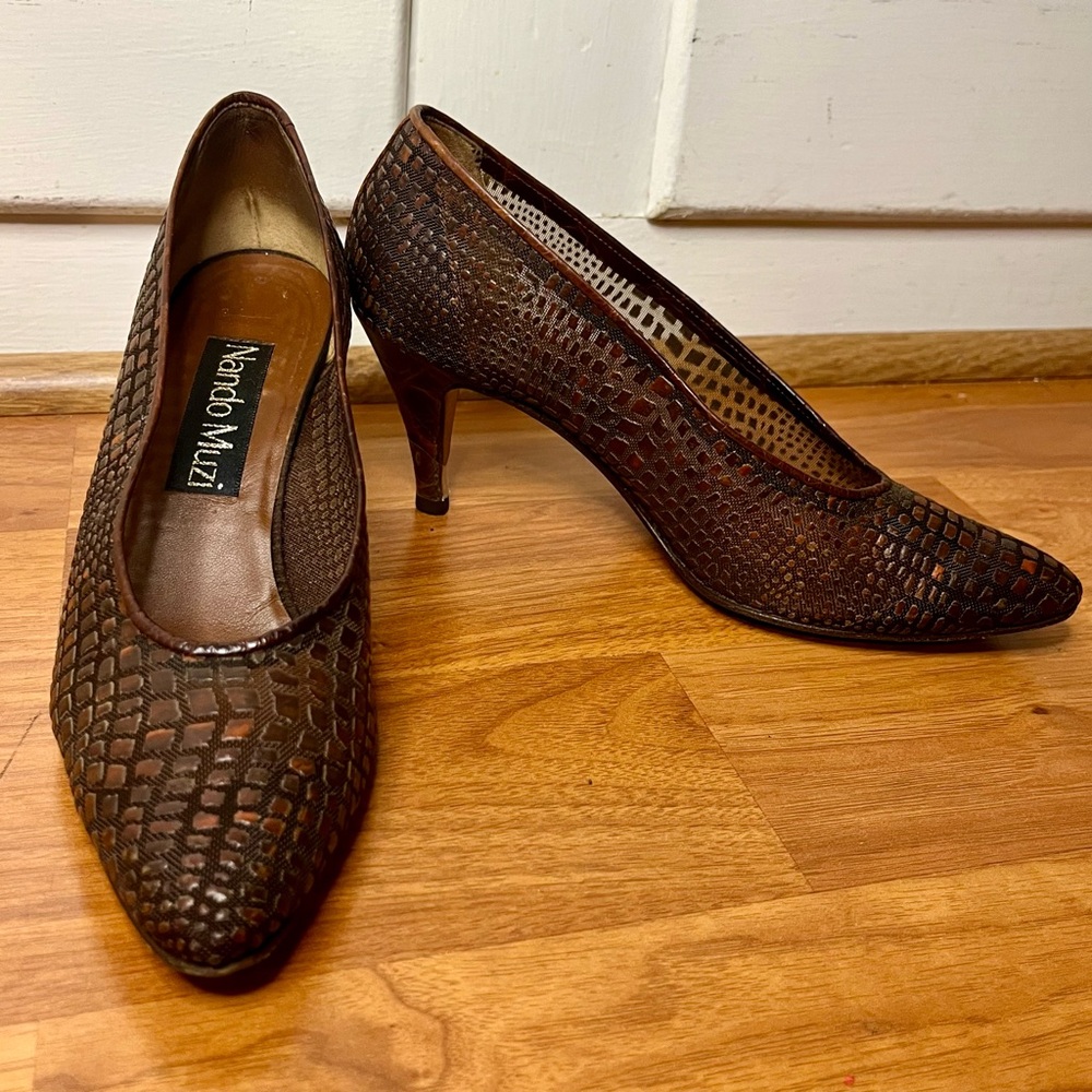 Vintage Nando Muzi Sheer Brown Leather Snake Skin Print Heels Size 7